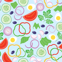 light blue seamless pattern with tomatoes and cucumbers and eggs - vector background