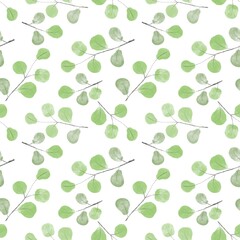 Pattern with green eucalyptus on white background. Designed for textile fabrics, wrapping, wallpaper.