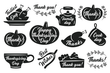 Thanksgiving stickers, labels. Autumn november holiday. Turkey, pumpkin, cup, kettle, pie, oven glove, herbs. Lettering. Black silhouettes.