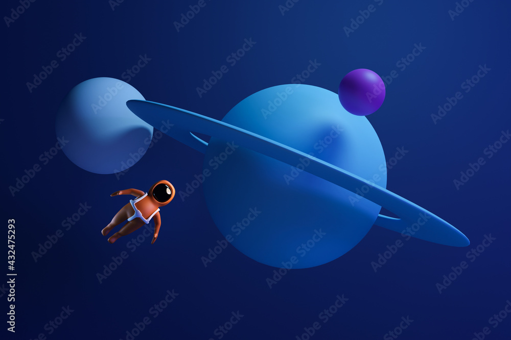 Wall mural cute little astronaut boy floating in space with planets in the background. spaceman cartoon charact