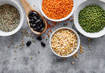 Bowls with different types of legumes