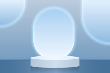 Podium for advertising. Round pedestal for exhibition on a blue background with round abstract elements. Vector, 3d, realism.