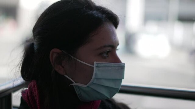 Woman Wearing Covid Face Mask Riding Bus Transportation