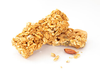 Close up homemade healthy granola crunchy biscuit bars , vegan friendly snack , a healthy food concept