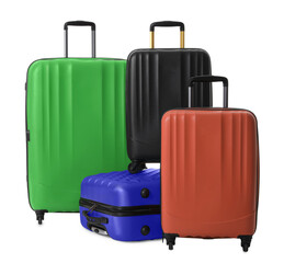 Modern suitcases for travelling on white background