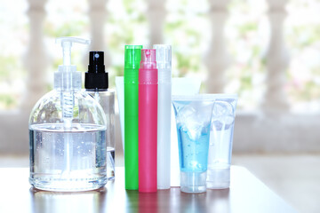 Set of hand gel sanitizers on the table. Hand hygiene corona virus protection.