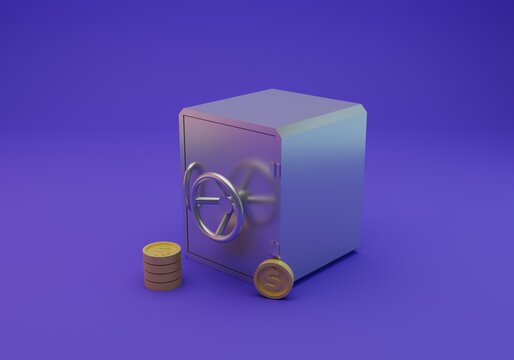 safe money and coin isolated, 3d rendering