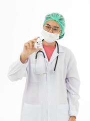 Portrait of Asian female doctor in white gown coat wearing eyes glasses in white background holding bottle of coronavirus covid 19 vaccine