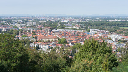 Cityscape of Karlsruhe - Durlach, panoramic aerial view from the „Turmberg“ (means: tower hill) in times of Coronavirus pandemic