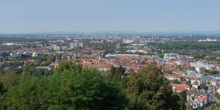Cityscape of Karlsruhe - Durlach, panoramic aerial view from the &bdquo;Turmberg&ldquo; (means: tower hill) in times of Coronavirus pandemic