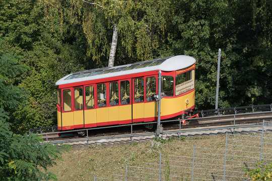 Karlsruhe, Germany - Sept. 11, 2020: old historic mountain railway &bdquo;Turmbergbahn&ldquo; (means: tower hill railway) in a green landscape in times of Coronavirus pandemic