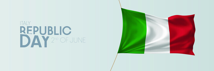 Italy republic day vector banner, greeting card. Italian wavy flag in 2nd of June national patriotic holiday horizontal design