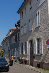 Closeup of a traffic calming street with old historic buildings in Karlsruhe