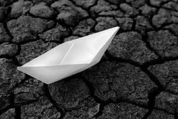 Paper ship on dry cracked earth, drought symbol