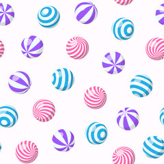 Seamless pattern with striped balls, bubble gum, round candies or beach bouncy spheres. Vector cartoon background with sweet dragee with spiral pattern, gumballs or plastic sport toys