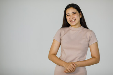 Obraz premium Portrait of young and cute black long straight hair Asian woman with smiling face pose to camera with positive gesture
