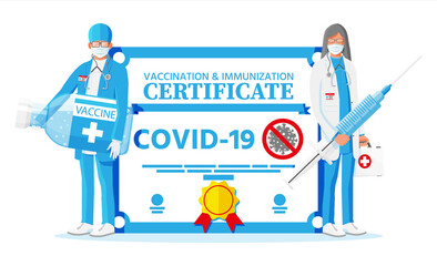 Covid-19 vaccination passport. Vaccinated health document as proof person is immune to disease. Coronavirus immune pass, doctors, syringe. Corona virus vaccine certification. Flat vector illustration