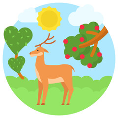 Obraz na płótnie Canvas Reindeer in Forest with Sky and clouds Concept, Deer Animal Vector Color Icon Design, Nature Lover Symbol, Heart in nature Stock illustration, Beautiful Landscape scenery Ideas in Round Shape,