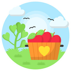 Fototapeta premium Fruit Farm Concept, Fruits in Bucket with sky and clouds Vector Color Icon Design, Nature Lover Symbol, Heart in nature Stock illustration, Beautiful Landscape scenery Ideas in Round Shape,