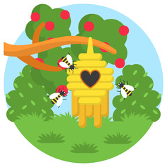 beehive hang on the fruit tree Concept, Bess with Honeycomb in Garden Vector Color Icon Design, Nature Lover Symbol, Heart in nature Stock illustration, Beautiful Landscape scenery Idea in Round Shape