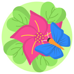 Wildflower with butterfly Landlife Concept, Leafy Plant in Meadow landscape Vector Color Icon Design, Nature Lover Symbol, Heart in nature Stock illustration, Beautiful scenery Ideas in Round Shape,