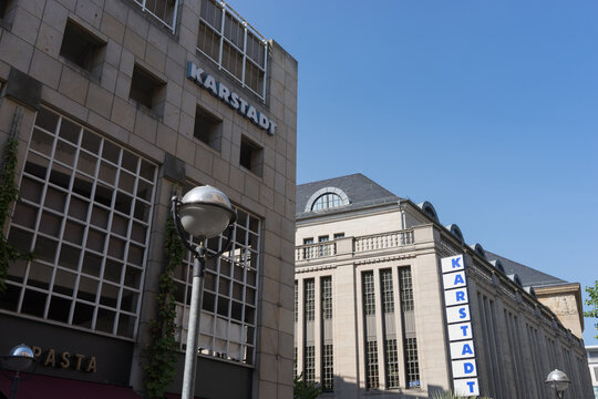 Karlsruhe, Germany - Sept. 11, 2020: old "Karstadt" building with logo in the pedestrian area in Karlsruhe in times of coronavirus pandemic, no people