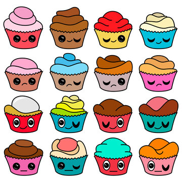 A set of cartoon cupcakes with a face. A set designed for websites, restaurant menus, flyers, etc.