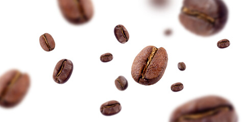 Coffee beans floating isolated on white background