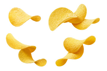 Collection of potato chips, isolated on white background