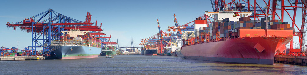 Large harbor panorama in Hamburg in good weather 