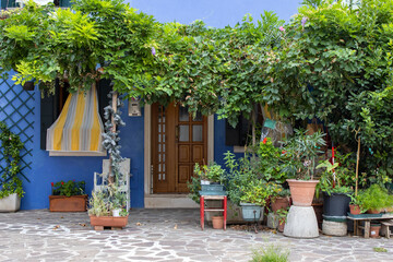 Fototapeta na wymiar Bright blue houses with blots of flowers and plants in front in Burano, Venice, Italy