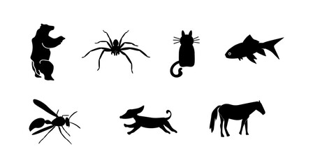 Set of black icons on a white background. 
Bear, spider, dachshund, cat, wasp, fish and horse. 
Animals icons. Pets. Vector stock illustration. 
White background. Black color.