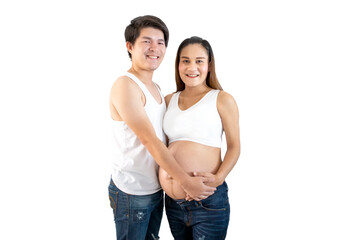 Portrait of beautiful asian pregnant woman and her husband standing on white background.