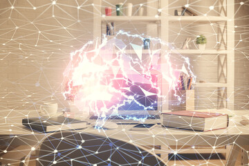 Double exposure of brain drawing and office interior background. Concept of data technology.