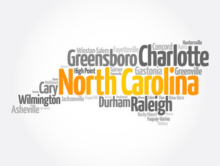 List of cities in North Carolina USA state, map silhouette word cloud map concept background