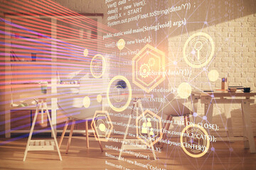 Multi exposure of data theme drawing and office interior background. Concept of technology.