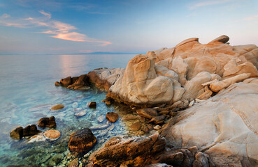 Fototapeta na wymiar Vourvourou beach sunset landscape , Halkidiki, Greece, Europe