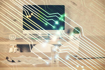 Multi exposure of data theme drawing and office interior background. Concept of technology.