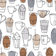 Obraz premium Coffee shop drinks. Vector pattern.