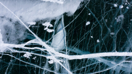 The beautiful ice of Lake Baikal is taken from above with a quadrocopter