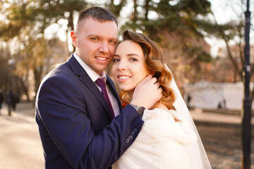 portrait of loving and happy newlywed. help of coordinator of celebration. 