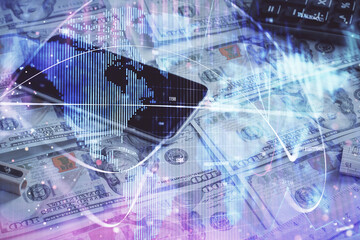 Multi exposure of business theme drawing over us dollars bill background. Concept of financial success.