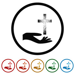 Hand with holy cross ring icon color set