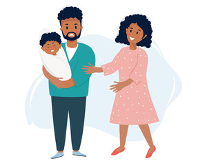 A dark-skinned ethnic family with a newborn son, a stressful situation. A sad black man holds a crying baby in his arms. Nearby, a woman comforts. Vector illustration. Family life and emotions concept