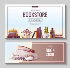 Promo banners for bookstore, bookshop, library, book lover, e-book, education. Vector illustration for poster, banner, advertising, flyer.