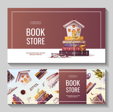 Promo banners for bookstore, bookshop, library, book lover, e-book, education. Vector illustration for poster, banner, advertising, flyer.
