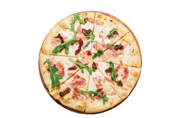 Pizza Cosa Nostra on wooden plate isolated on white background