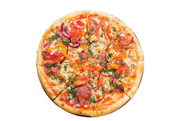 Mexican pizza on wooden plate isolated on white background