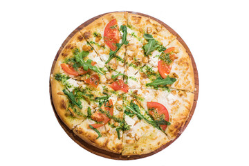 Toscana pizza on wooden plate isolated on white background