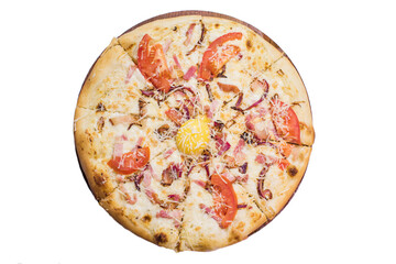 Pizza carbonara on wooden plate isolated on white background